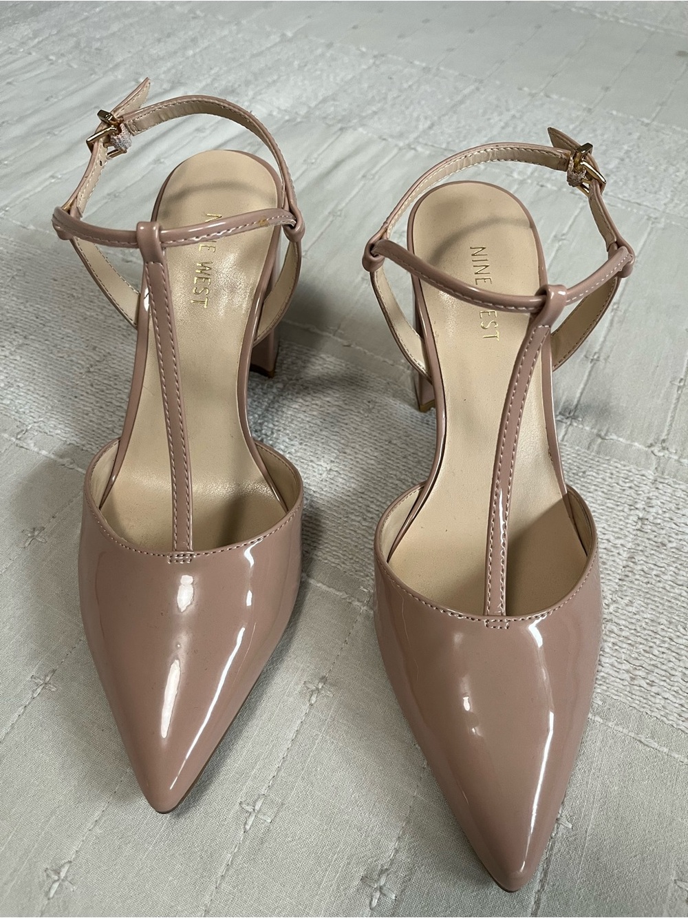 Nine West Blush Patent T-Strap Pointed Toe Heels